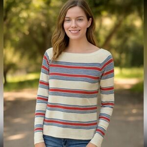 IsleField Womens 100% Cashmere Boatneck Sweater Ivory,blue & coral stripes S